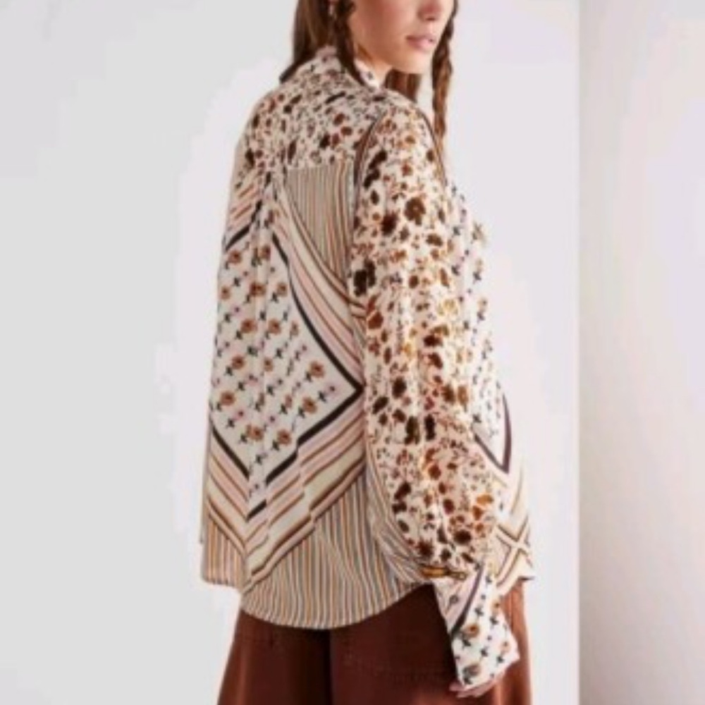 Free People Mixed Floral and Stripe Button-Down Shirt in Cream and Brown - Picture 4 of 8